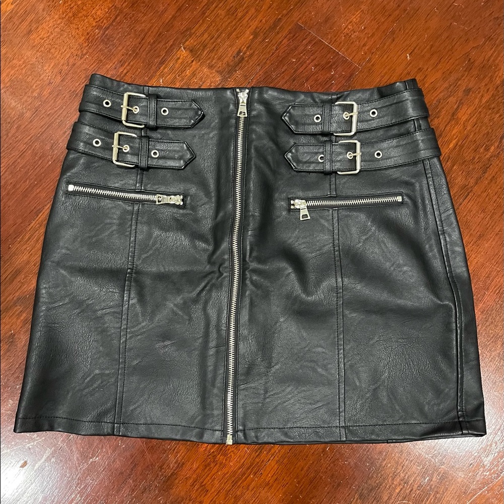 Topshop black leather buckle zip mini skirt